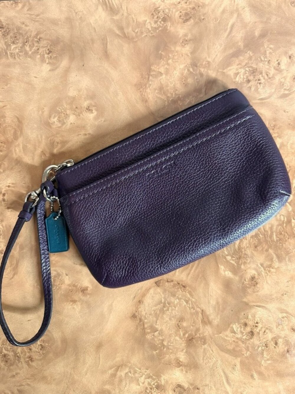 Coach Plum Purple Pebbled Leather Wristlet Pouch Zip Clutch